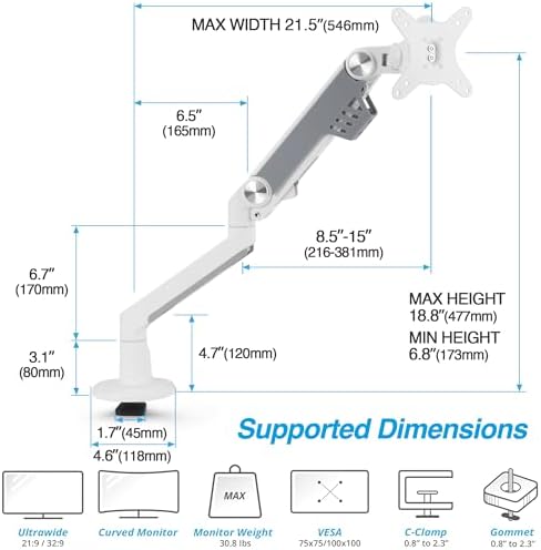 AVLT Single 13"-38" Monitor Arm Desk Mount - White