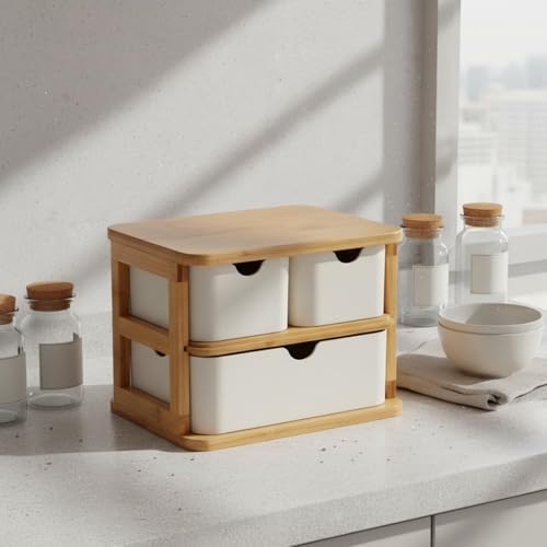 Amagogo Drawer Storage Organizer Bamboo Desktop Storage Box Multi-Compartment Design Removable Drawers Rounded Corners Suitable for Bedroom Counter