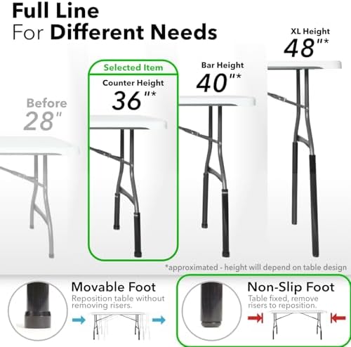 Lift Your Table® Folding Table Risers - Counter Height (Non-Slip Foot) - Made in the USA, Heavy Duty, Sturdy, Portable, Easy-to-Use Extensions Raise Bent Leg Folding Tables (Set of 4)