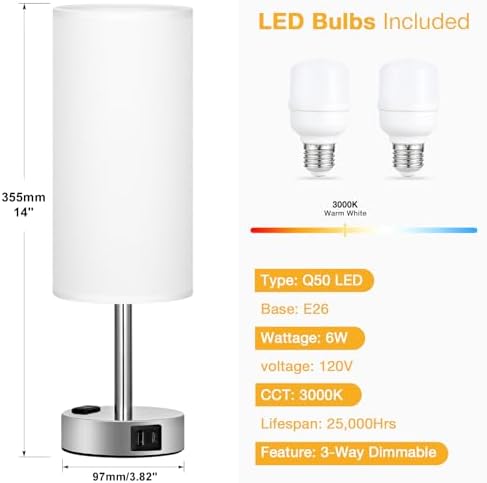 Touch Bedside Table Lamps Set of 2 - Bedroom Lamp with USB A+C, AC Outlet