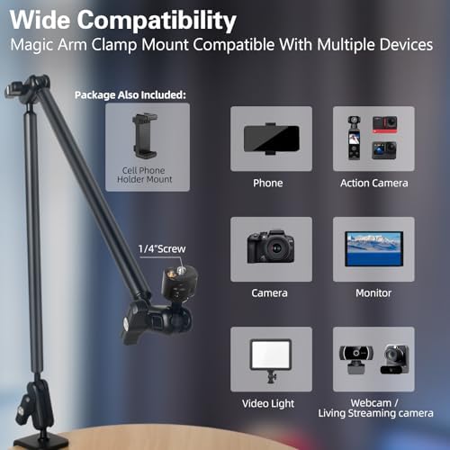 Desktop Clamp Magic Arm 33.84" Kit for Phone,DSRL Two-Stage Adjustable Flexible Arm, Overhead Camera Mount, Desk Phone Mount for Webcam, Action Camera, Mic,Video Light