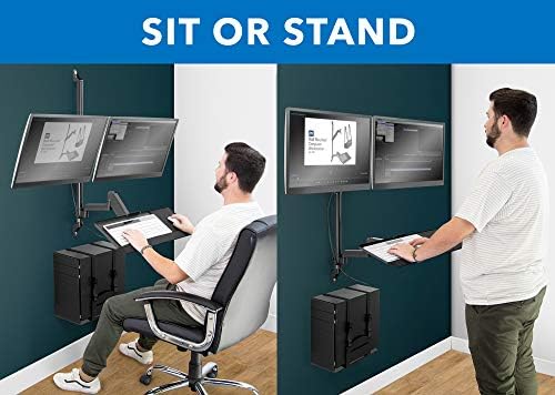 Mount-It! Dual Monitor Arm Wall Mount Workstation with Keyboard Tray & CPU Holder, Height Adjustable Gas Spring Full Motion Computer Station, Fits 17–32” VESA 75x75 100x100, Black