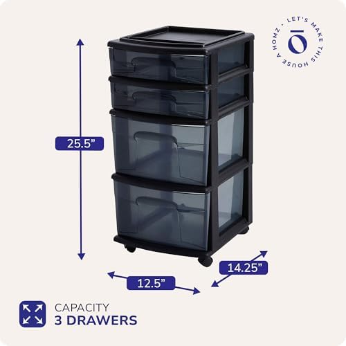HOMZ Drawer Tower, 4-Tier Storage Cart with Removable Wheels, Black Frame