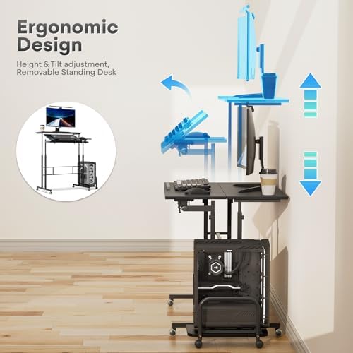 Athena Collection Rolling Standing Desk with CPU Holder, Black