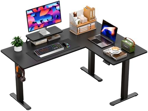 Furmax 63 x 47 Inch L Shaped Standing Desk with 2 Preset Heights, Electric Height Adjustable Computer Desk, Corner Sit Stand Desk for Home Office, 2 Hooks & Feet Balance (Black, 63 x 47 Inch)
