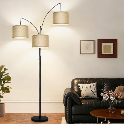 Nintiue Dimmable Floor Lamp, 3 Lights Black Arc Floor Lamp, Modern Tall Standing Tree Lamp with Champagne Linen Shades & Heavy Base, 3000LM LED Bulbs, Bright Lighting for Living Room, Bedroom, Office
