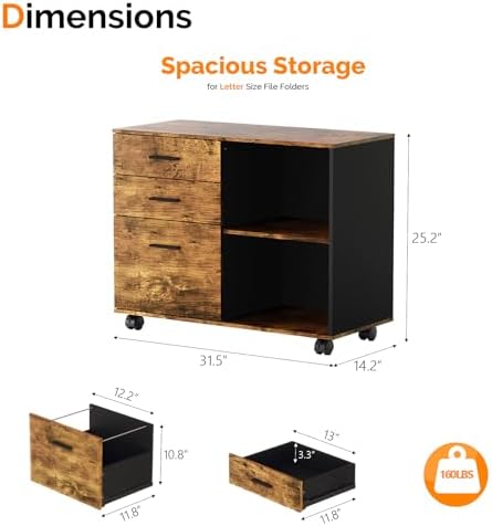 VINGLI 3 Drawer Wood Lateral File Cabinet with Adjustable Shelves & Locking Wheels, Printer Stand with Drawers for Letter, Sturdy Black File Cabinets for Home Office, Study & Business, Rustic Brown