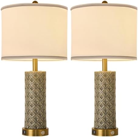 Set of 2 Table Lamp for Living Room Bedroom Farmhouse,26'' Touch Control Bedroom Smoke Grey Ceramic Lamps 3-Way Dimmable Bedside Lamps with USB A+C Ports Linen Shade for Home