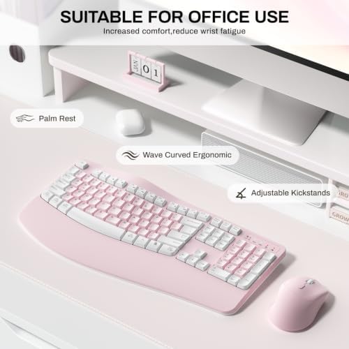 Wireless Keyboard and Mouse Combo,2.4G Ergonomic Wave Keys(Pink-A)