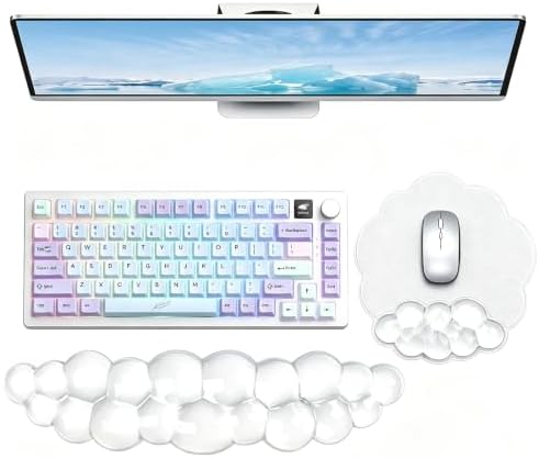 Gel Wrist Rest and Cloud Mouse Pad, for Keyboards and Mice - Ergonomic Pink Keyboard Wrist Rest Set, Relieves Pain from Typing/Computer/Laptop/Gaming/Home/Office White