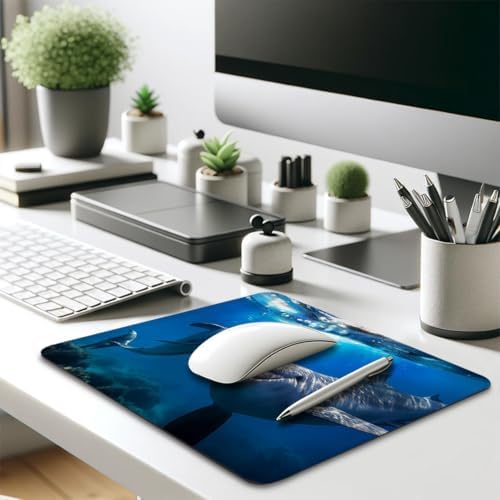 Dolphins Mouse Pad, Happy Underwater Encounter Navy Blue Ocean Desk Mat