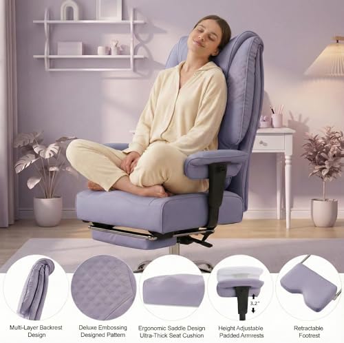 EXCEBET Big and Tall Office Chair 400lbs Wide Seat, Leather High Back Executive Office Chair with Foot Rest, Ergonomic Chairs Lumbar Support for Lower Back Pain Relief (Light Purple)