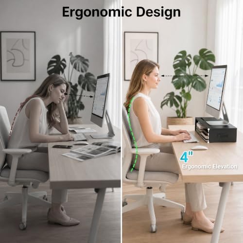 1home Monitor Stand Riser, 16.7 Inch Wood Monitor Riser Stand with Storage Organizer, Desktop Ergonomic Monitor Stand Riser with Cellphone Holder and Cable Management, Black