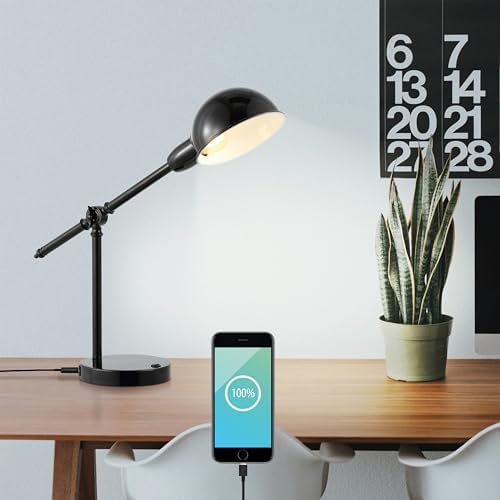 JONATHAN Y Curtis Task Lamp 20.25" Industrial Metal Adjustable USB, Black
