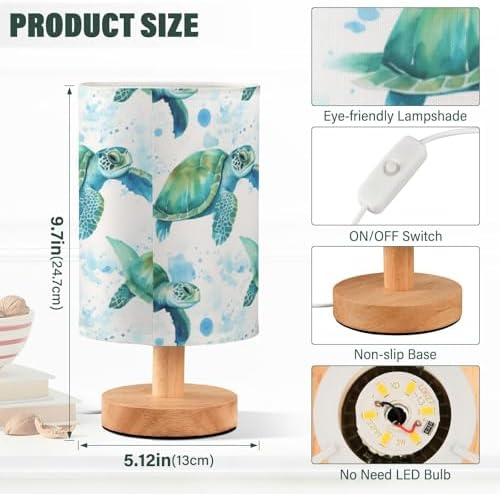Bedside Lamp Sea Turtles Teal Table Lamp for Bedroom LED Nightstand Lamp Shade USB Ports Wood Base for Living Room Dorm Office
