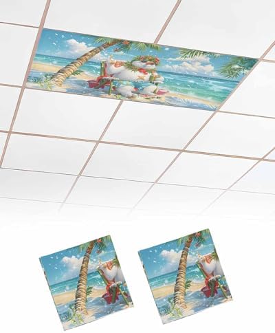 Christmas Magnetic Fluorescent Light Covers for Ceiling Lights 2 x 4 Feet,Beach Snowman Hawaii Tropical Tree Blue Green Office Classroom Kitchen Drop Ceiling Light Covers Filters Shade Panel 2 Packs