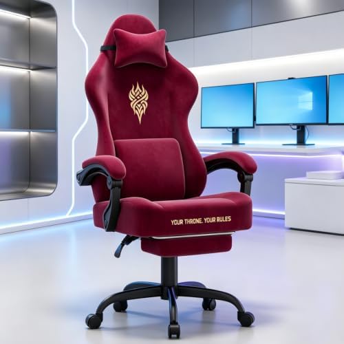 Soontrans Red Velvet Fabric Gaming Chair for Adult, Ergonomic Comfortable Video Gamer Chair with Footrest, Reclining Office Computer Desk Game Chairs with Massage Lumbar Cushion,Headrest