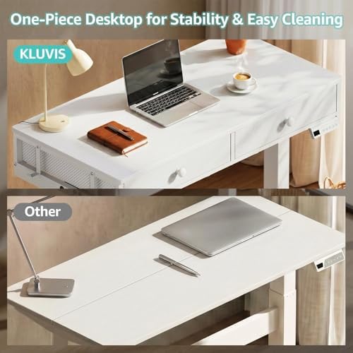 KLUVIS White Electric Standing Desk with Drawers, 39 Inch Small Adjustable Desk with Storage, Sit Stand Computer Study Writing Desks for Small Space Home Office, Stand Up Work Desks for Walking Pad
