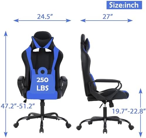 Blue Gaming Chair - High Back Ergonomic Office & PC Gaming Chair with Wheels, Reclining & Adjustable Headrest & Lumbar Support