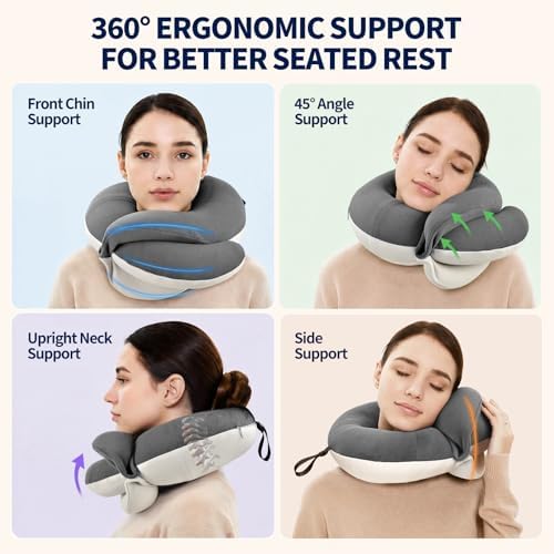 BUYUE Travel Neck Pillows for Airplanes, Memory Foam 360° Head Support Sleep for Long Flight, Skin-Friendly & Breathable, Kit with Eye Mask, Earplugs and Storage Bag (Adult, Grey, 90+ lbs)