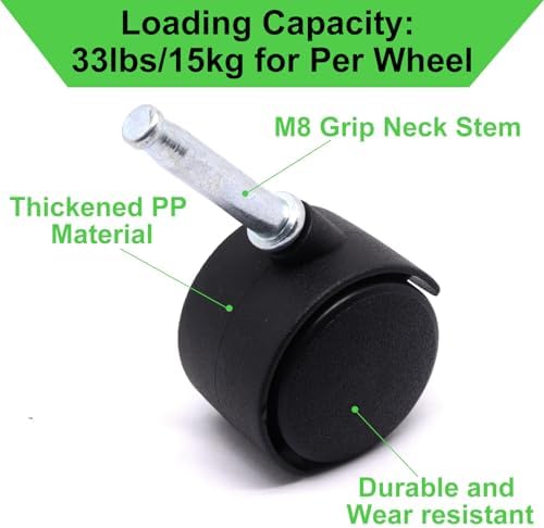 1.5 Inch Stem Swivel Casters Set of 4, M8 Grip Neck Stem Swivel Caster Wheels, 360° Rotation Heavy Duty Replacement Castors for Furniture Table Drawer Cabinet Plant Shelf Chair Wheels (Black)