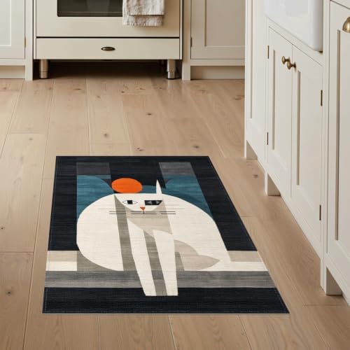 3'x5' Black White Cat Artistic Feline Design Washable Area Rug