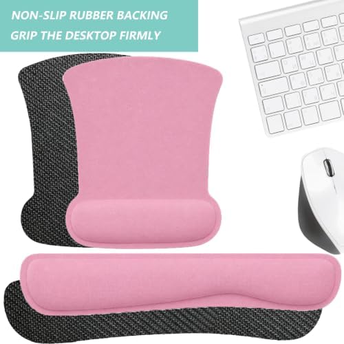 Keyboard Wrist Rest Pad Mouse Pad with Wrist Support Set of 3, Gaming Mousepad with Non-Slip Rubber Base, Ergonomic Memory Foam Mouse Cushion Support for Home Office Laptop Computer, Pink