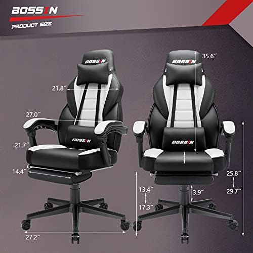 BOSSIN Big and Tall Gaming Chair with Footrest and Massage, 400lb Weight Capacity, Ergonomic Heavy Duty Chair with Large Size Seat and High Back