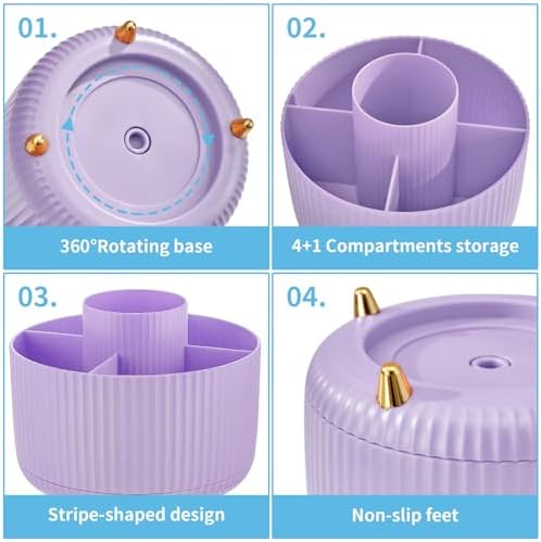 Marbrasse Desk Organizer, 360-Degree Rotating Pen Holder, Desk Organizers and Accessories with 5 Compartments Pencil Holder, Art Supply Storage Box Caddy for Office, Home（Purple）