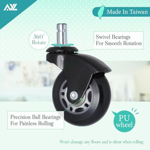 AXL 2.5" Office Chair Wheels Replacement, in-Line Style Casters for Hardwood Floors & Tile – Silent, Scratch-Free Smooth Gliding, Fit 7/16" x 7/8", with Unique Corner Guard Protection (Set of 5)