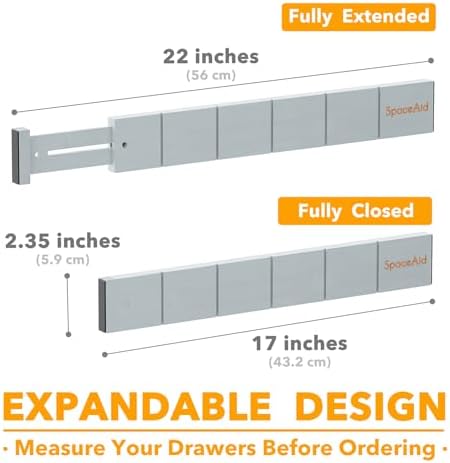 SpaceAid Bamboo Drawer Dividers with Inserts and Labels, Kitchen Adjustable Drawer Organizers, Expandable Organization for Home, Office, Dressers, 7 Dividers with 15 Inserts (17"-22" Gray)