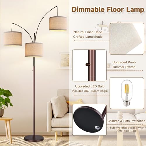 Dimmable Floor Lamp, 3 Lights Brown Arc Floor Lamp, Modern Tall Standing Tree Lamp with Beige Linen Shades & Heavy Base, 3000LM LED Bulbs, Bright Lighting for Living Room, Bedroom, Office & Reading