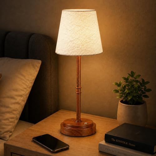 Rechargeable Cordless Table Lamp, Battery Operated Bedside Lamp, Wood Grain