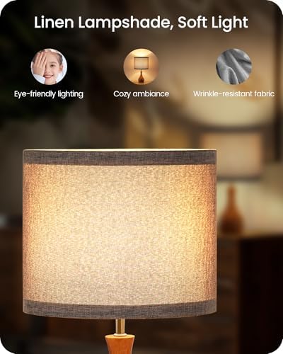 Gray Table Lamp, 14.2" Small Bedside Lamp, Compact Desk Lamp with Gray Linen Lampshade & Dark Walnut Base, Modern Nightstand Lamp for Bedroom, Kid's Room, Office, E26 Socket, LH09TL05