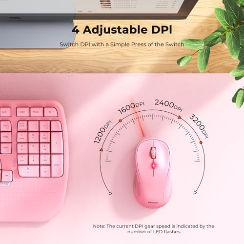 MEETION Ergonomic Wireless Keyboard and Mouse Combo with Wave Keys, Pink