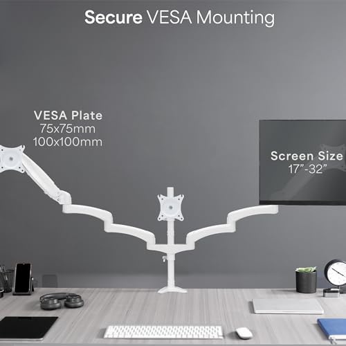 VIVO 17 to 32 inch Triple Pneumatic Monitor Mount, 2 Pneumatic Arms, 1 Fixed, Adjustable Swivel, Rotation, Heavy Duty VESA Desk Stand with C-clamp, Max VESA 100x100, White, STAND-V300GW