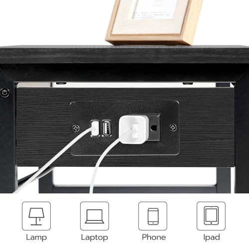 HOOBRO Printer Stand for Desk, Desktop Printer Stand with Charging Station, Small Printer Table with Storage Hook, Under Desk Printer Cart, File Rack for Home Office, Black BB01UPS01