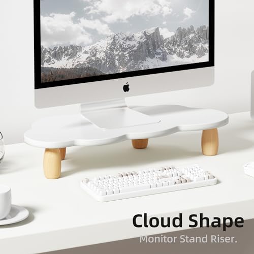 AFOOYO Monitor Stand Riser,Cloud Shape Wood Computer Monitor Stand, 16.5IN Monitor Stand Riser, Multi-Purpose Desktop Organizer Riser for Computer,Laptop,Printer,TV,White