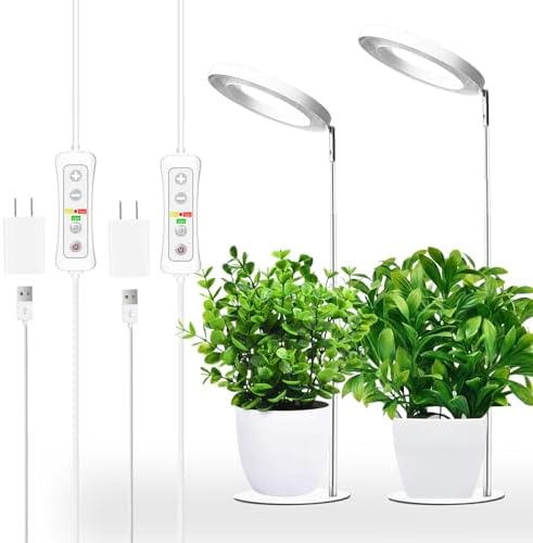 Yadoker 144 LEDs Full Spectrum Plant Grow Light for Indoor Plants，Height Adjustable, 6.3" Aluminum Housing,Automatic Timer with 8/12/16 Hours,10-Level Brightness,White Plant Light with Base,2Pack