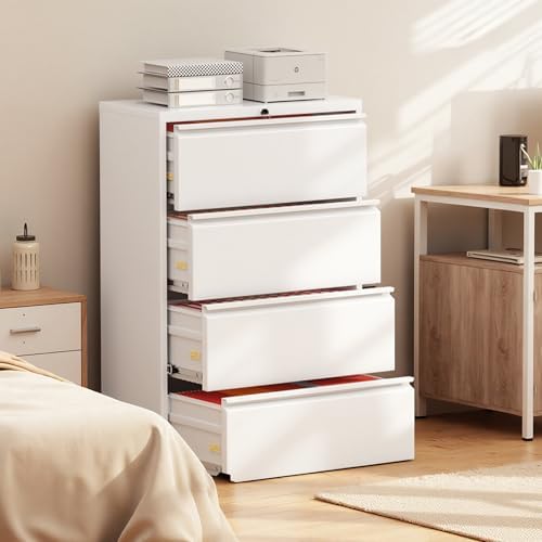 Superday Lateral File Cabinet 4 Drawer Metal File Cabinet with Lock, White Filing Cabinets for Home Office, Locking Filing Cabinets Hanging Files Letter/Legal/F4/A4