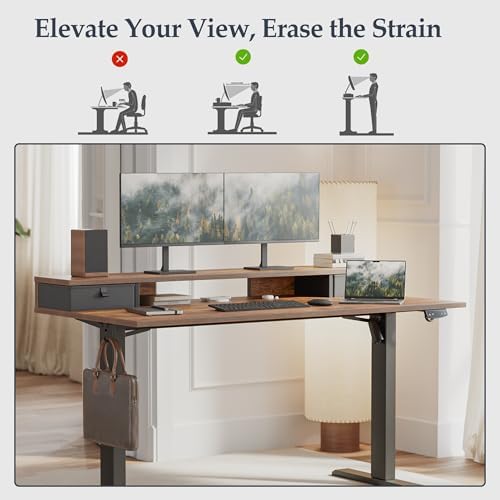 Klicelor 40 x 24 Inch Electric Standing Desk with Drawers, Adjustable Height Small Sit Stand Desk for Home Office, Compact Computer Workstation with Storage– Rustic Brown