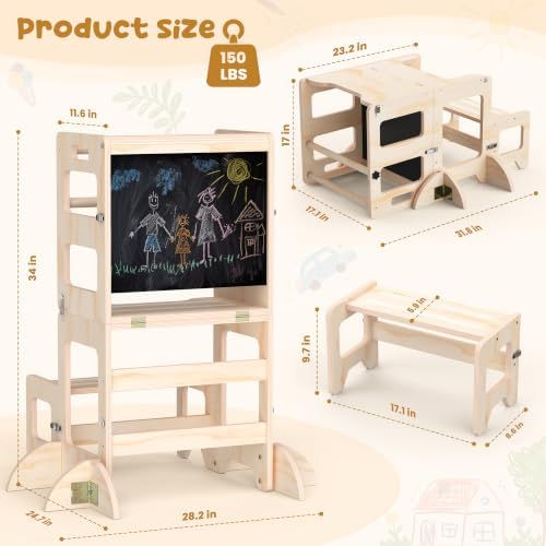 Toddler Kitchen Step Stool, 4-in-1 Foldable Standing Tower with Blackboard, Anti-Tip Learning Tower for Kitchen Counter & Bathroom Sink, Kitchen Helper Stool for Kids, 1-3 Year Old Boy Girl Gifts