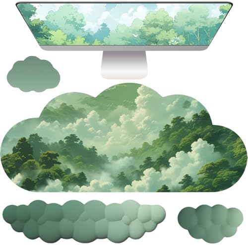 Cloud Mouse Pad Keyboard Wrist Rest for Mouse 4PCS Extended Large Desk Mat Pad Set Memory Foam Non-Slip Cute Ergonomic Gaming Mouse Wrist Support for Computer Home Office Mountain Forest Green