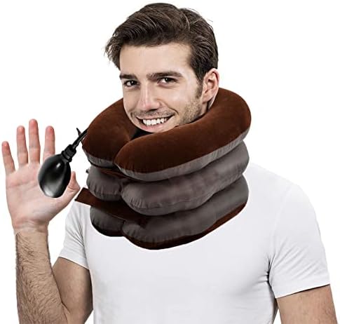 Cervical Neck Traction Device for Instant Neck Pain Relief Inflatable Adjustable Neck Stretcher Neck Support Brace Neck Traction Pillow for Home Use Neck Decompression(Brown)