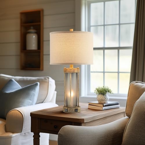 RORIA Farmhouse Table Lamps Set of 2 for Living Room with 2 USB Ports