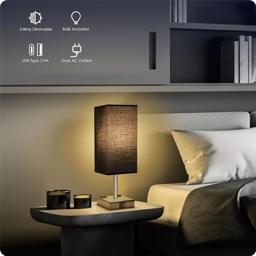 Set of 2 Bedside Table Lamp 3 Way Dimmable Nightstand Lamp with USB C & USB A Charging Port, 2 AC Outlets, 3000K LED Bulbs (Black)