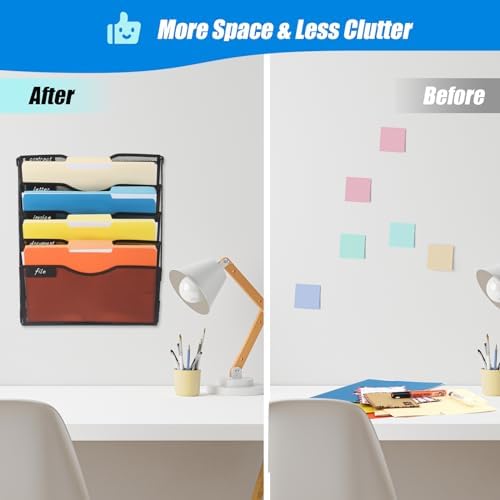 EASEPRES 5 Pocket Mesh Hanging Wall File Organizer with Hangers & Nametag Label, Wall Mounted Mail Paper Document Folder Holder, Clipboard Storage Organization Magazine Rack for Office Cubicle, Black