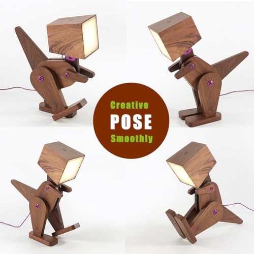 Cute Cool Wood Dinosaur Table Lamp Reading, Walnut Black