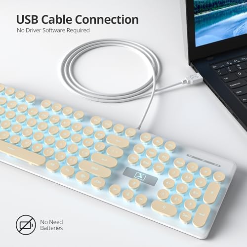 surmen Cute Quiet Keyboard USB Wired Typewriter Keyboard, Light Up Backlit PC Keyboards with Retro Round Keys Full Size 104 Keys for Office Computer (Khaki)