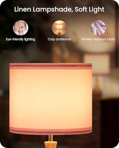 Pink Table Lamp, 14.2" Small Bedside Lamp, Modern Nightstand Lamp with Pink Linen Lampshade & Wood Bottle-Shaped Base, E26 Socket, Cute Desk Lamp for Girl's Room, Bedroom, MP09TL05